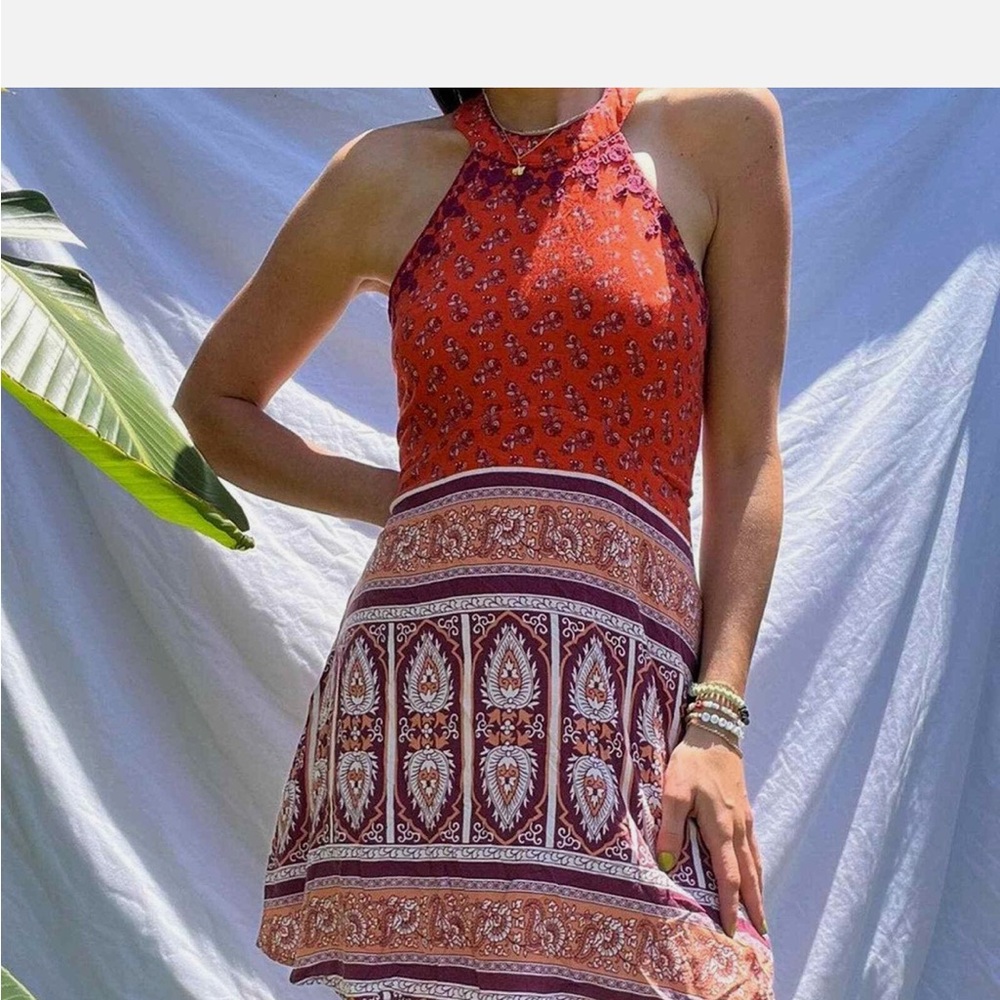 Alya Red Rust Paisley Halter Mini Dress